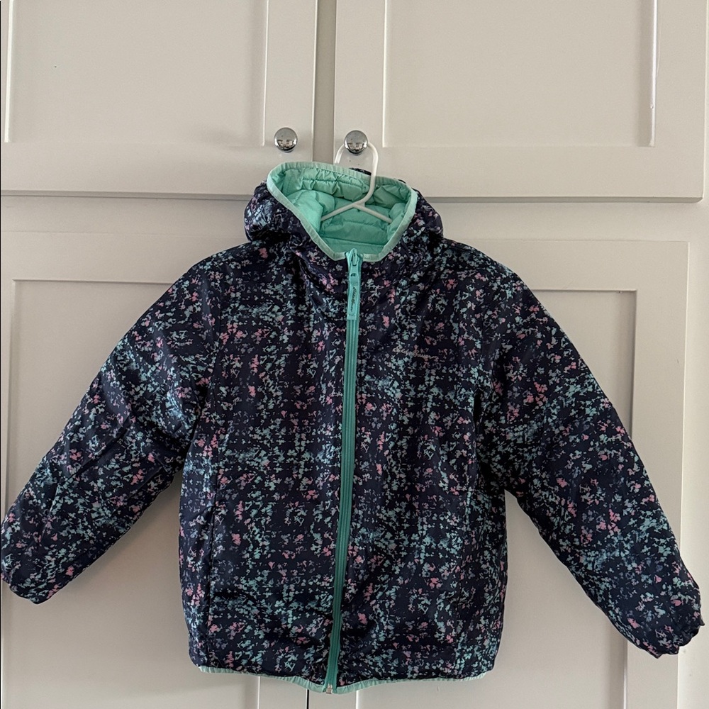 Girls size 10 floral/teal reversible Eddie Bauer puffer down coat.